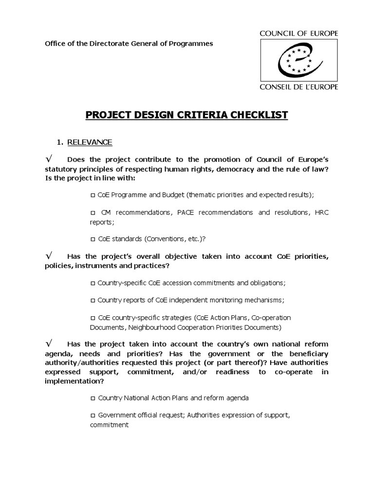 Project Design Criteria Checklist | PDF | Capacity Building | Economies