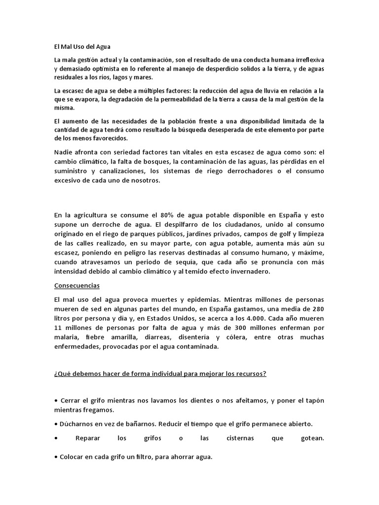 Consecuencias del Mal Uso del Agua | PDF | Agua | Riego