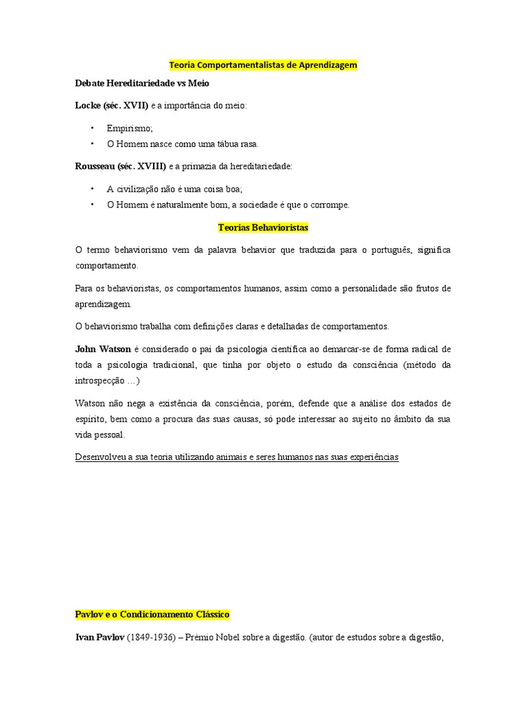 Teorias Comportamentais de Aprendizagem | PDF | Behaviorismo | Aprendizado