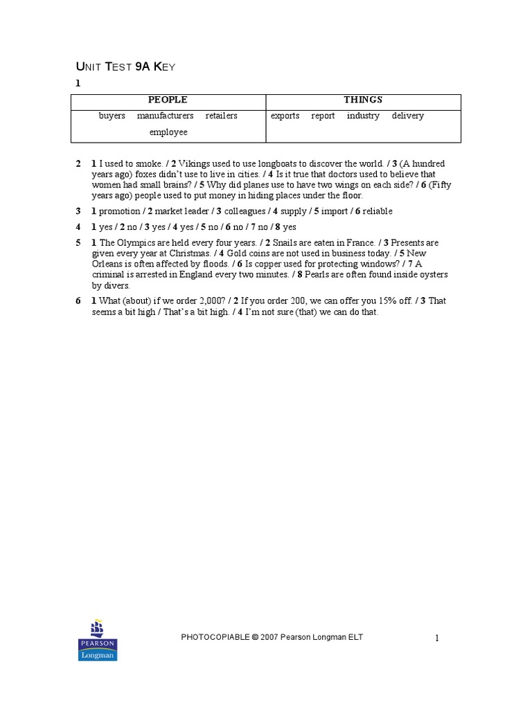 Answer Key Unit 9A Test | PDF | Sports & Recreation | Travel