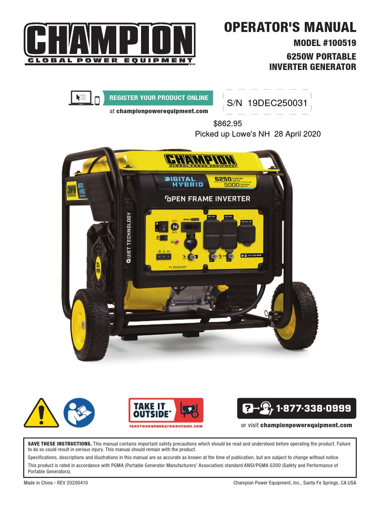 Manual Champion Generator Model 100519 PDF Gasoline Alternating