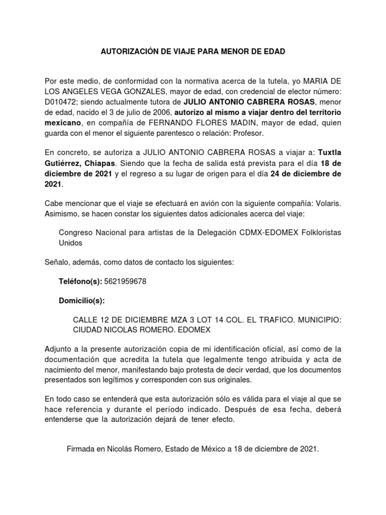 Carta de Viaje para Menores de Edad | PDF