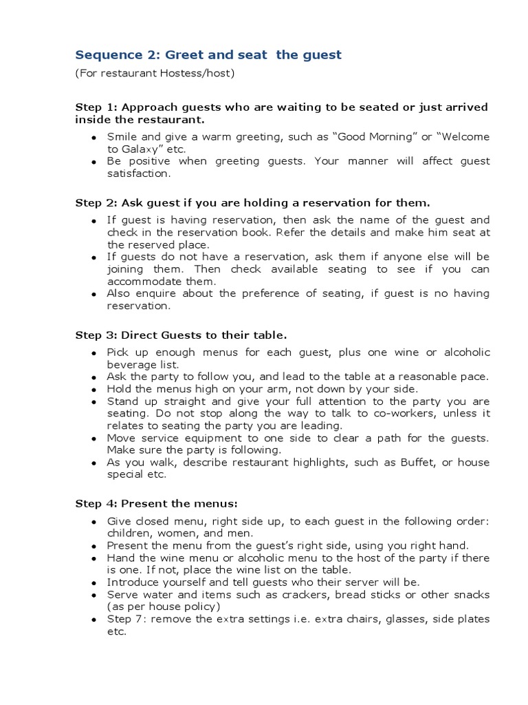 Sequence 2 Greet and Seat The Guest PDF Menu Waiting Staff