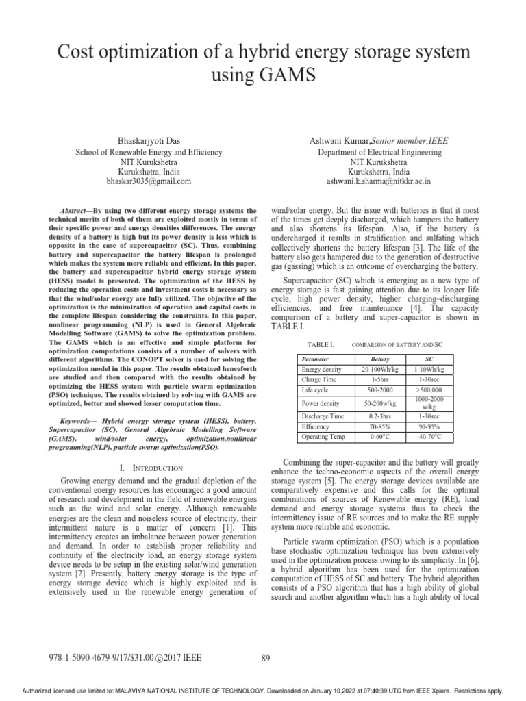 Cost Optimization of A Hybrid Energy Storage System Using GAMS | PDF ...