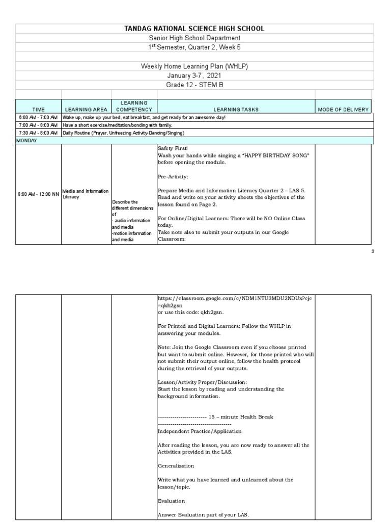WHLP Grade 12 STEM B: Week 5 Plan | PDF | Learning | Literacy
