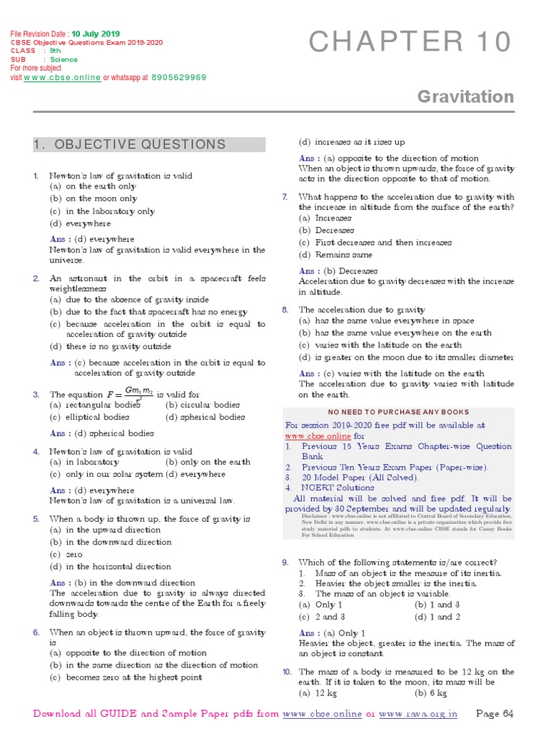 Class 9 Gravitation MCQs with Answers | PDF | Buoyancy | Gravity