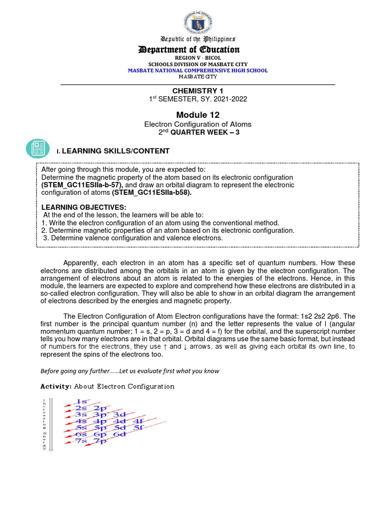 Chemistry - WEEK 3 - Module 12 | PDF | Electron Configuration | Atomic ...