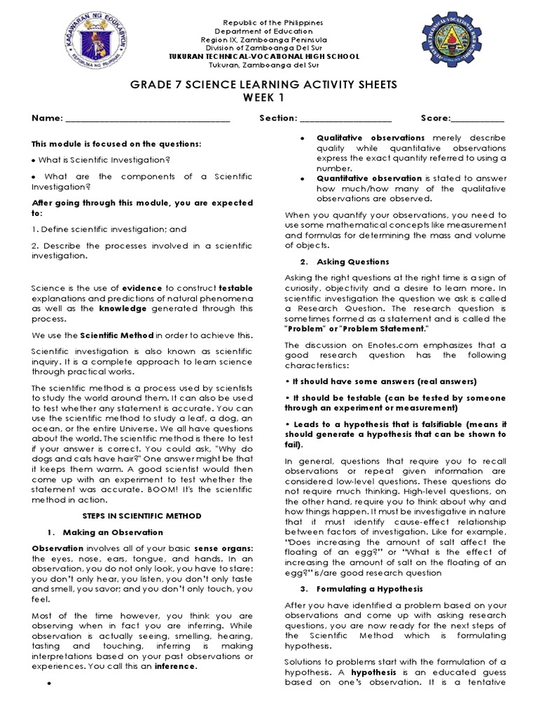 Grade 7 Science Learning Activity Sheets Week 1 | PDF | Hypothesis ...