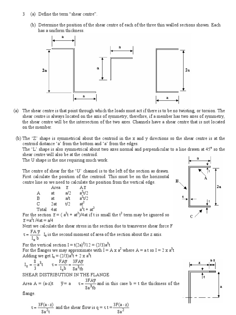 Shear Center Examples Shear Stress Cartesian Coordinate System