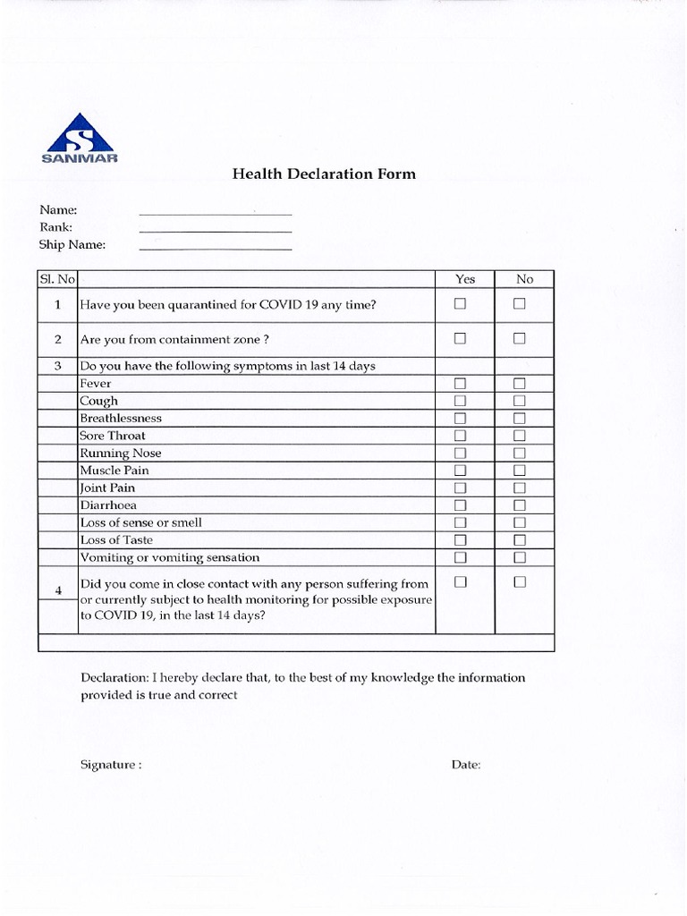 Health Declaration Form | PDF