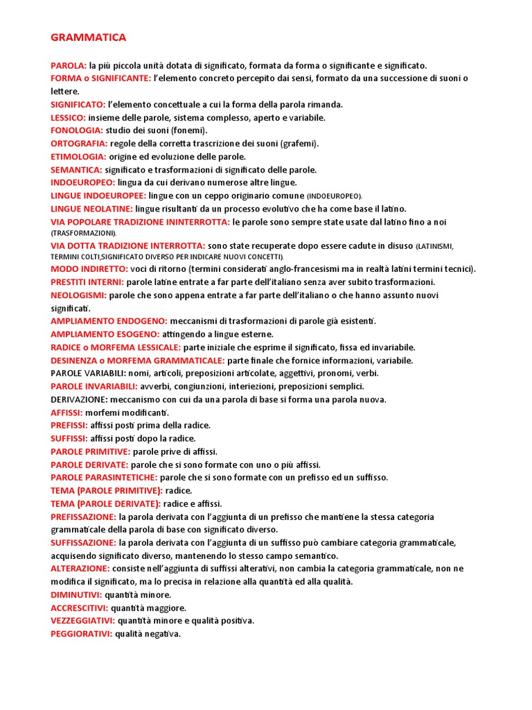 Lessico Di Base Della Grammatica Italiana | PDF