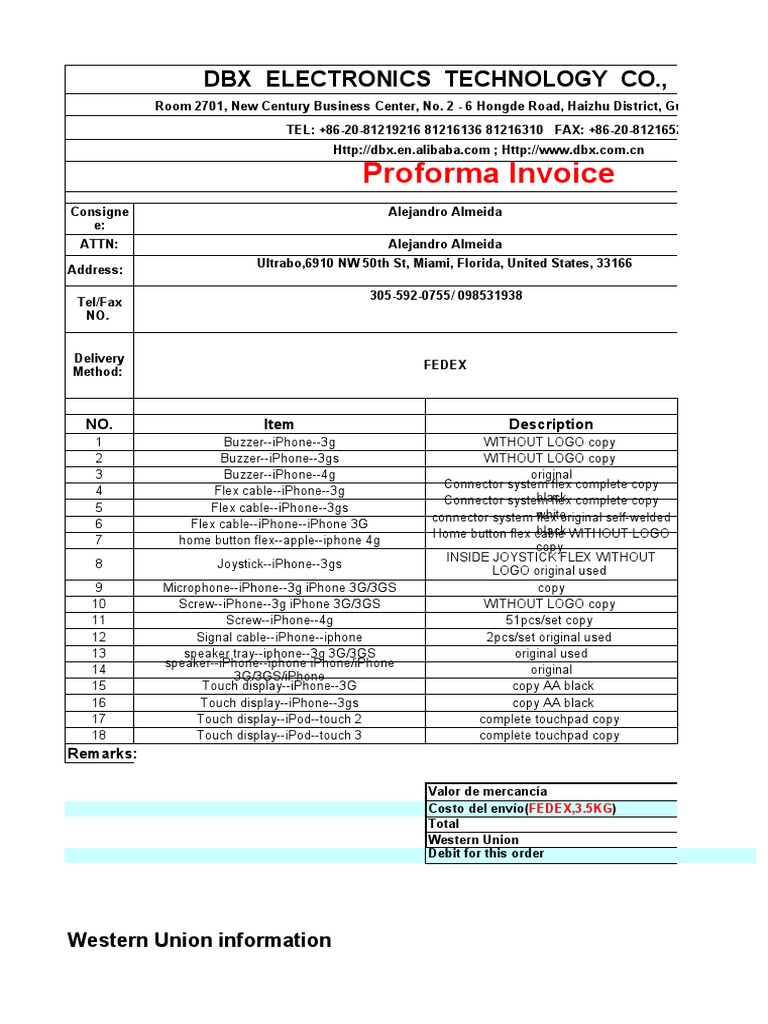 Proforma Invoice for iPhone Parts | PDF | Service Industries | Business