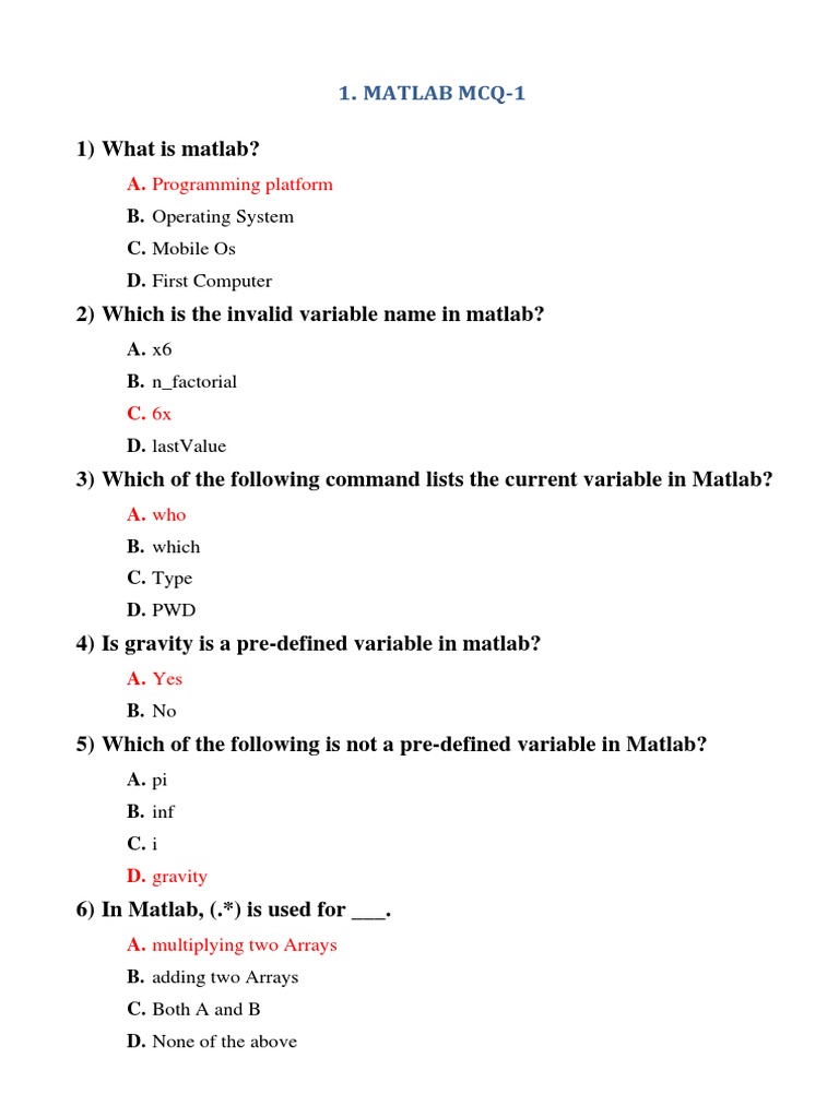 Matlab MCQ | PDF | Matlab | Array Data Structure