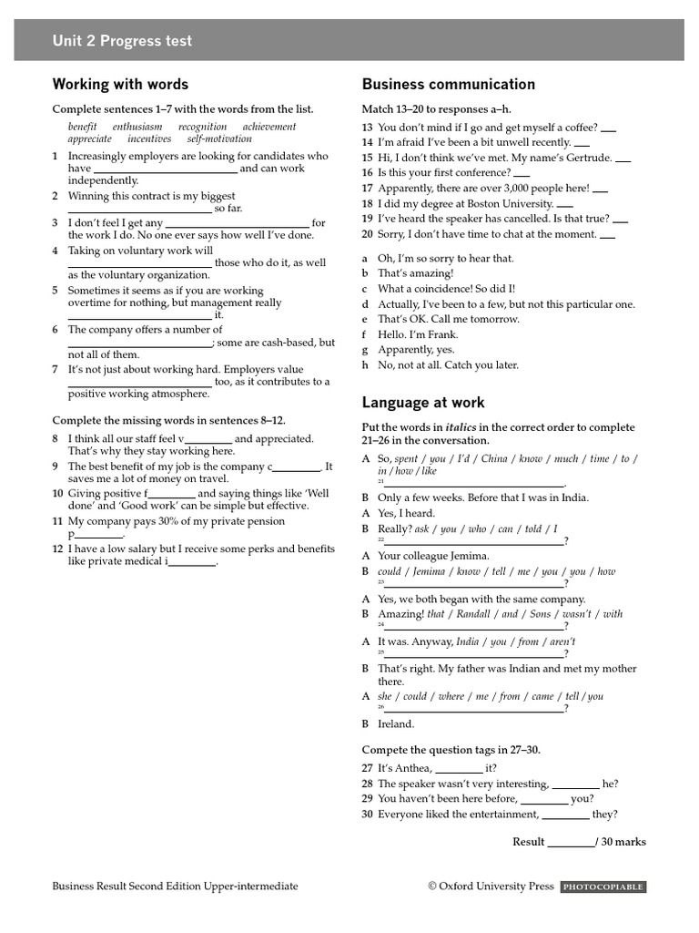 BR - Upper-Inter. Unit2 Progress Test PDF | PDF