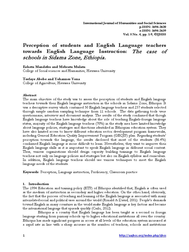 The Case of Schools in Sidama Zone, Ethiopia PDF English As A