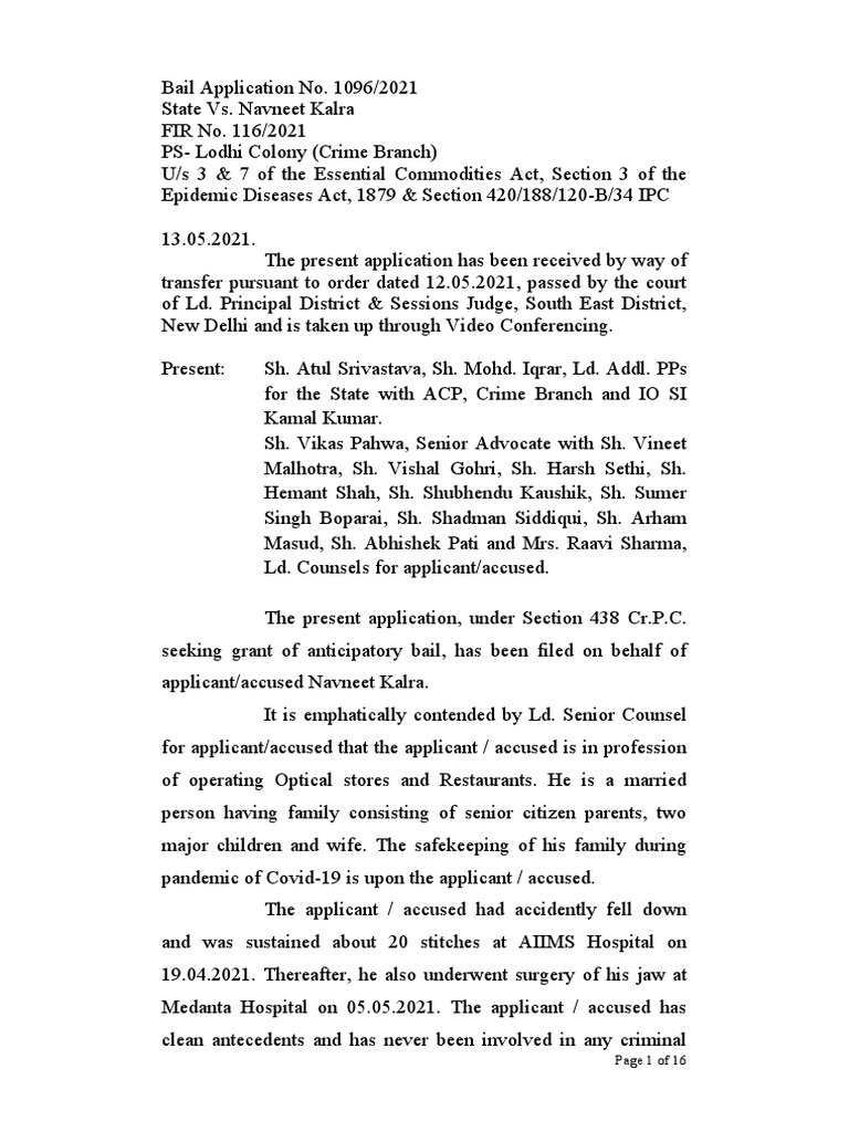 Draft Bail Application Navneet Kalra PDF Medical Device Bail