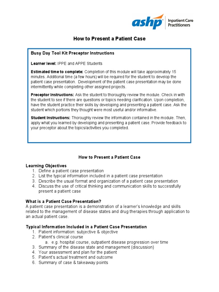 Patient Case Presentation Guide | PDF | Pharmacy | Patient