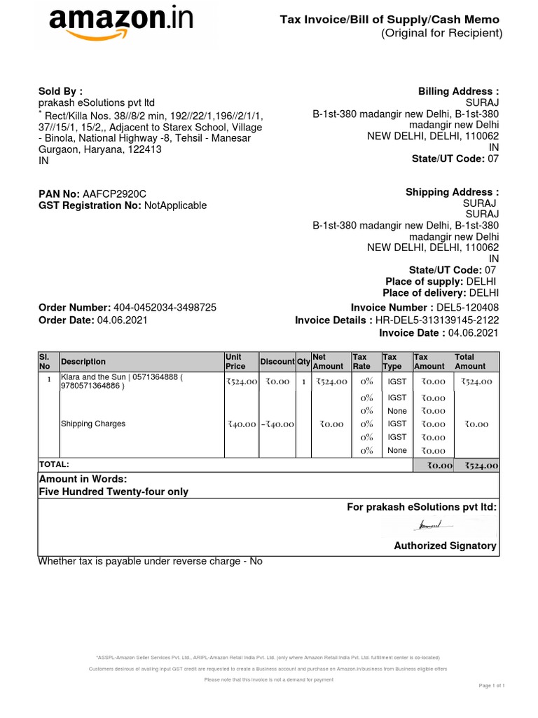 A Klara and The Sun PDF Invoice Value Added Tax