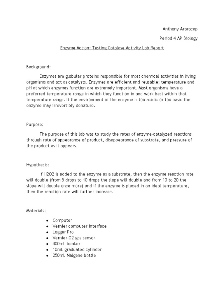Enzyme Action Testing Catalase Activity Lab Report PDF Denaturation
