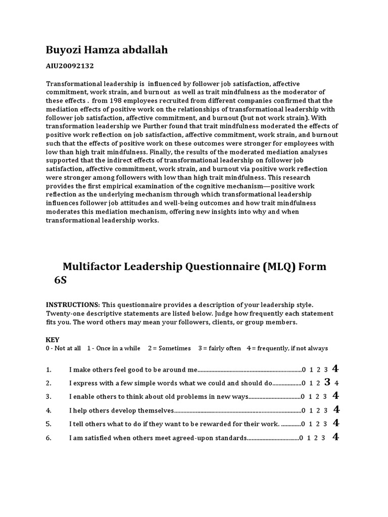 Leadership Questionnaire-1 | PDF | Leadership | Transformational Leadership