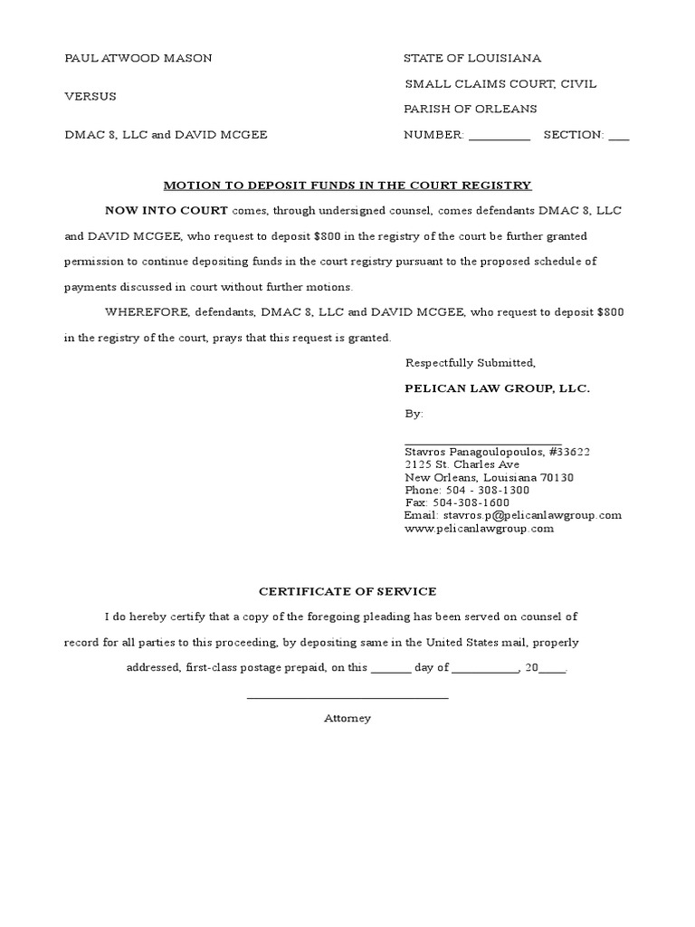 Motion To Deposit in Registry Mason V DMAC David Mcgee v2 PDF