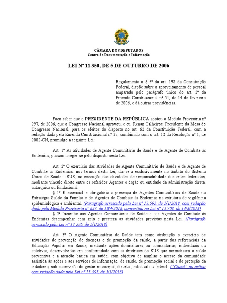 Lei 11.350/2006: Agentes de Saúde e Endemias | PDF | Promoção de saúde ...