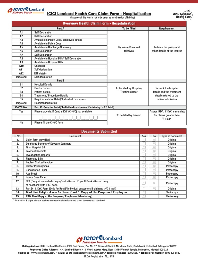 ICICI Lombard Reimbursement Claim Form PDF Identity Document