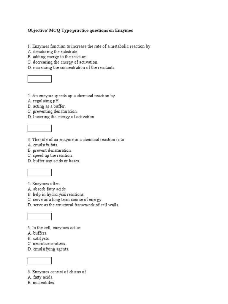 Enzyme MCQs for Class 11 Practice | PDF | Active Site | Enzyme