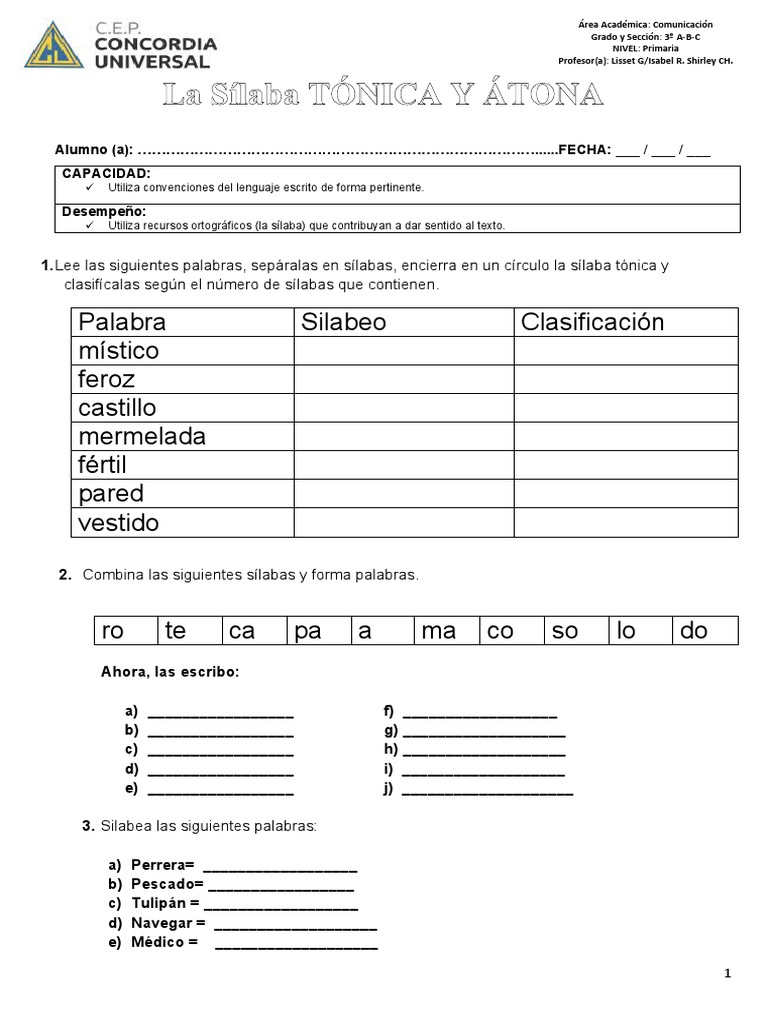 Sílaba Tónica y Átona para 3er Grado | PDF