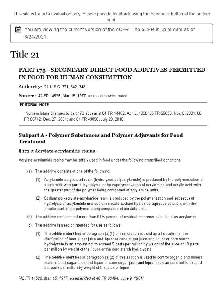 ECFR 21 CFR Part 173 Secondary Direct Food Additives Permitted in
