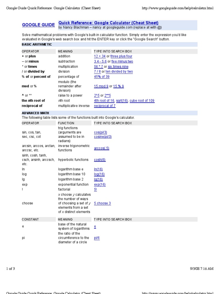 Google Guide Quick Reference Google Calculator (Cheat Sheet) | Download