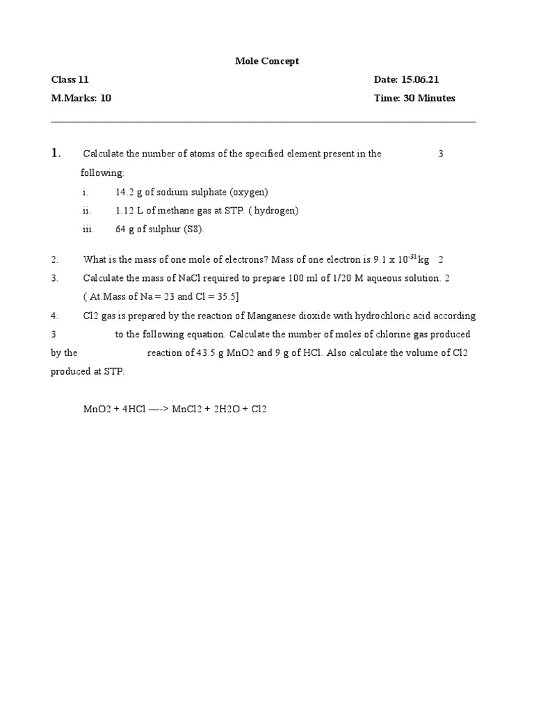 Mole Concept Worksheet | PDF | Science & Mathematics | Technology ...