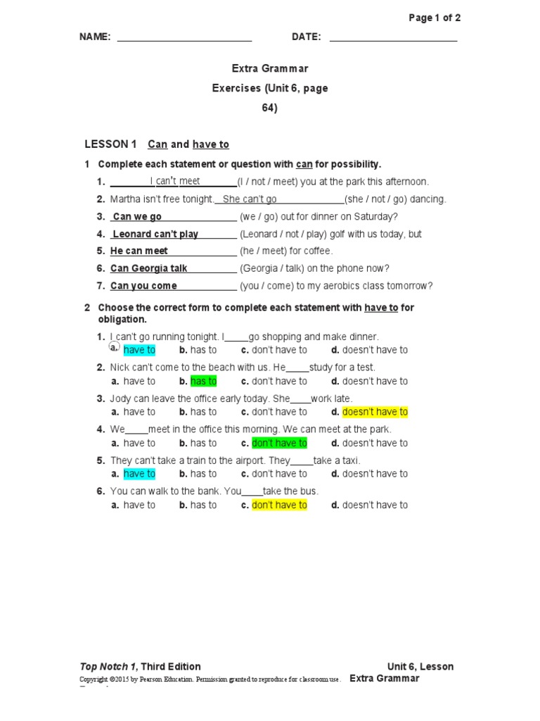 Extra Grammar Exercises (Unit 6, Page 64) | PDF | Language Arts ...
