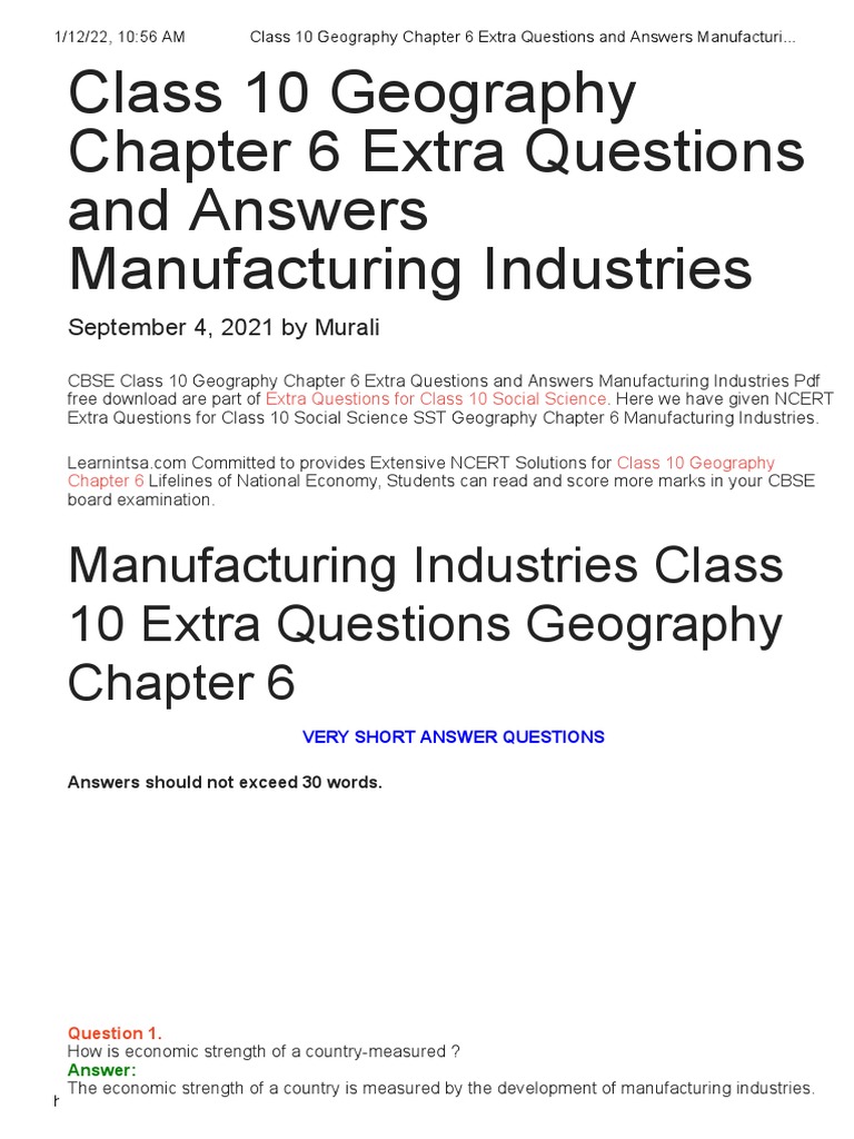 Class 10 Geography Chapter 6 Extra Questions and Answers Manufacturing