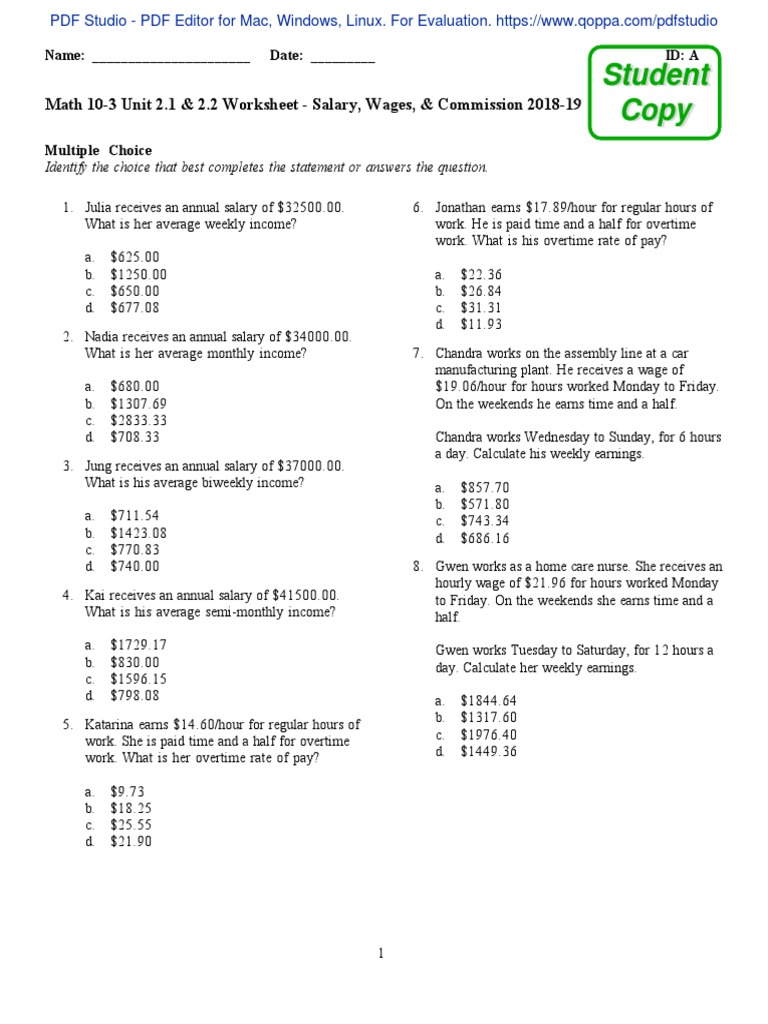 Math 103 Unit 2.1 2.2 Worksheet Salary, Wages, Commission 2018