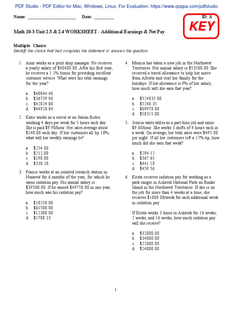 Math 10-3 Earnings & Pay Analysis Worksheet | PDF | Taxes | Tax Deduction
