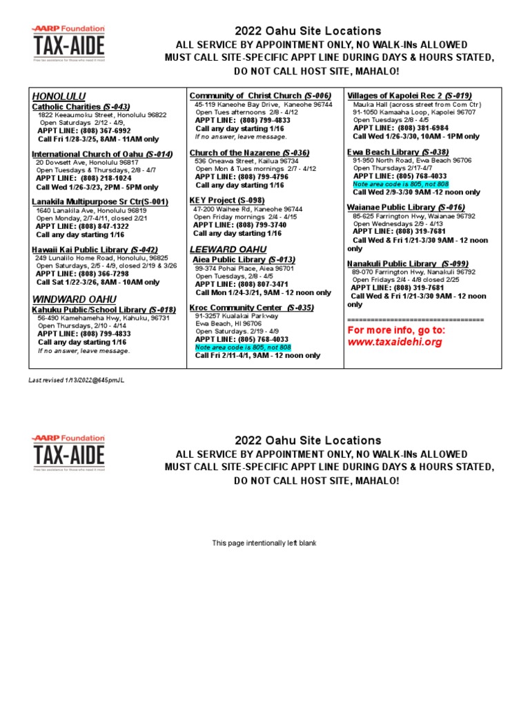 AARP Foundation Tax Aide Oahu Sites PDF Honolulu Oahu