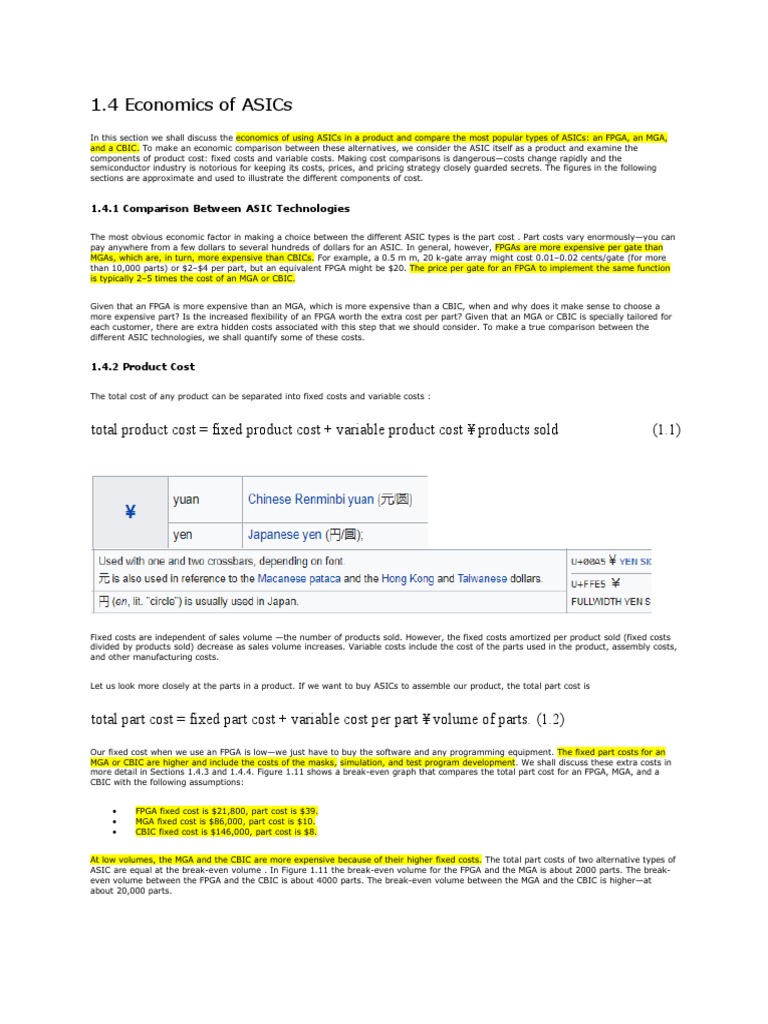 1.4 Economics of Asics: Total Product Cost Fixed Product Cost + Variable  Product Cost Products Sold (1.1) | PDF | Semiconductor Device Fabrication |  Field Programmable Gate Array