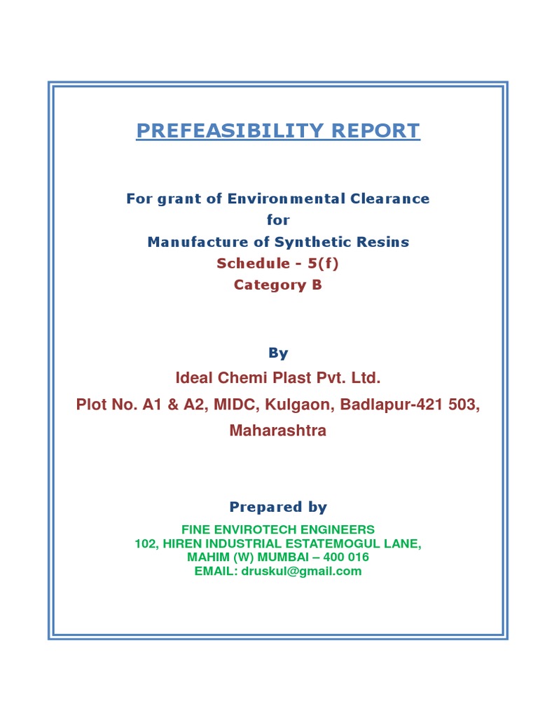 Prefeasibility Report Ideal Chemi Plast Pvt. Ltd. Plot No. A1 & A2