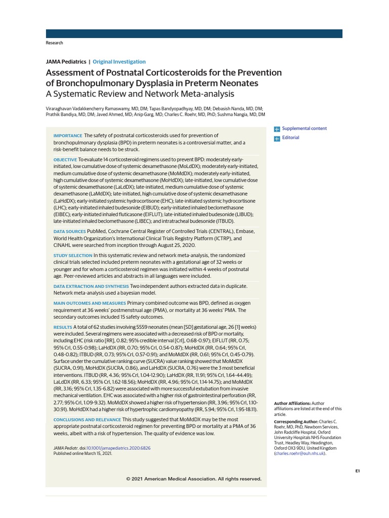Assessment of Postnatal Corticosteroids For The Prevention of ...