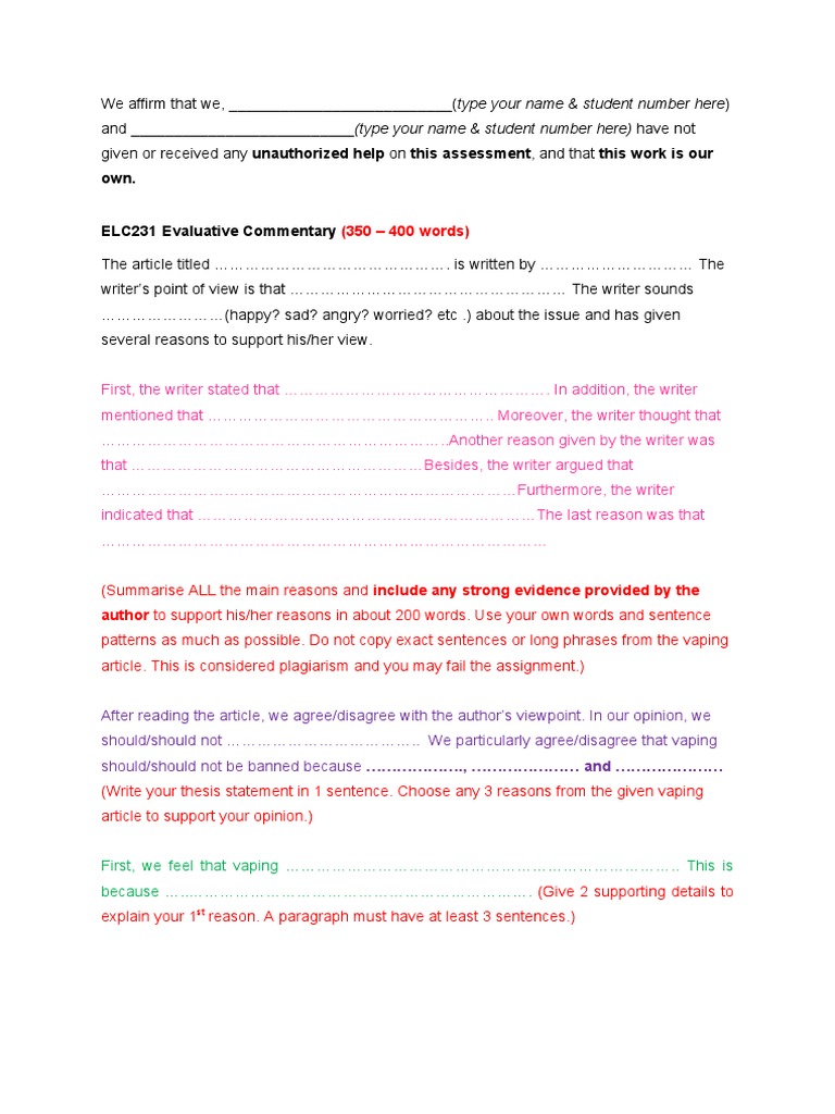 Elc231 Evaluative Commentary Template 28july2021 Pdf Paragraph