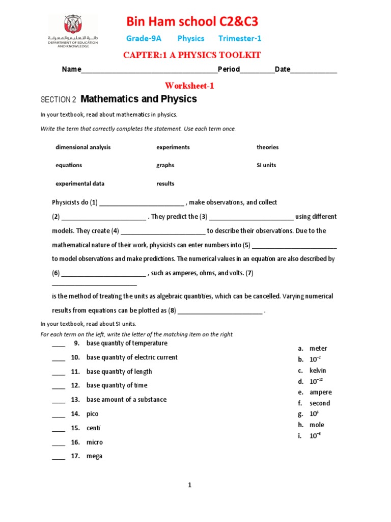 Grade 9 Physics Toolkit Worksheet | PDF | Physics | Teaching Mathematics