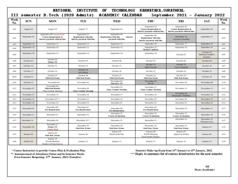 NITK Surathkal Academic Calendar Sep 2021Jan 2022 PDF Schools