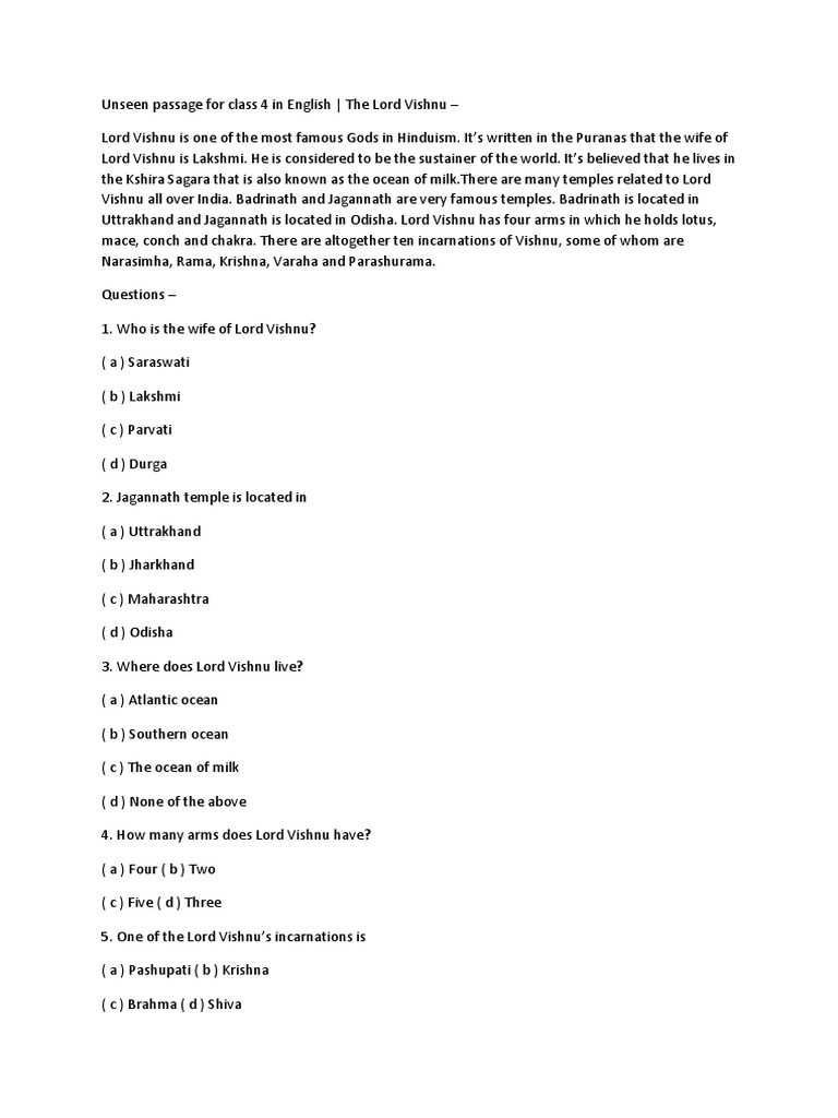 Unseen Passage For Class 4 in English | PDF | Travel | Religion ...