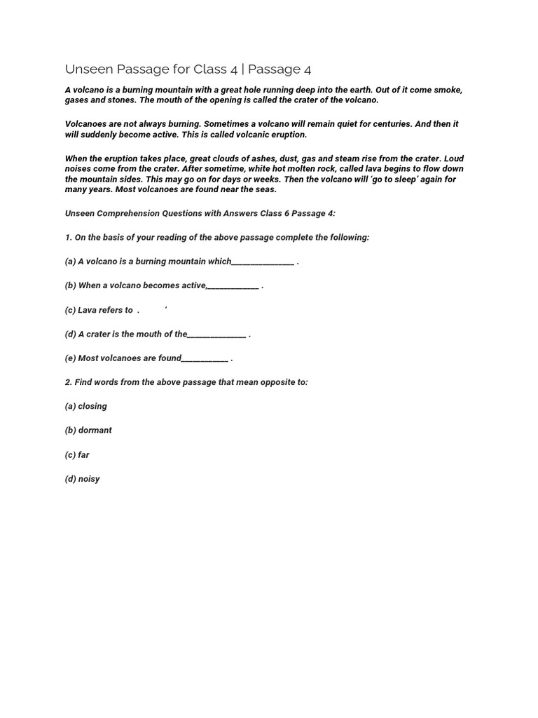 Unseen Passage For Class 4 | PDF
