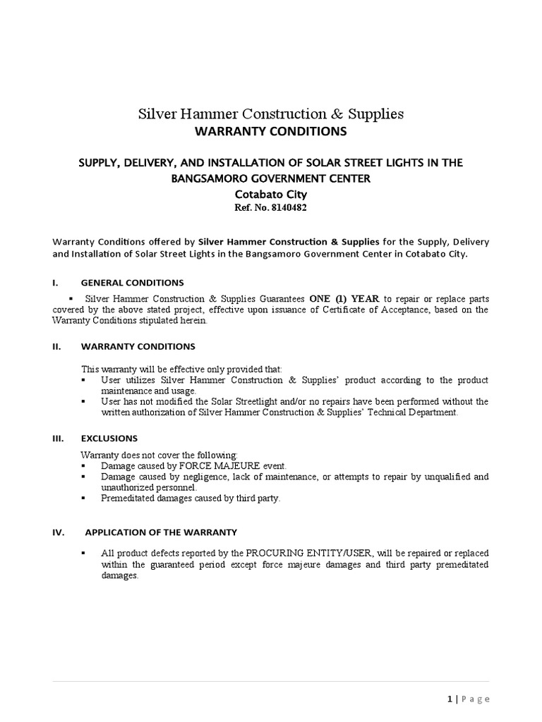 Silver Hammer Construction & Supplies Warranty Conditions PDF
