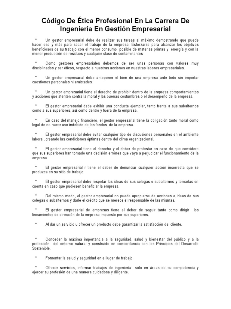 Código De Ética Profesional En La Carrera De Ingeniería En