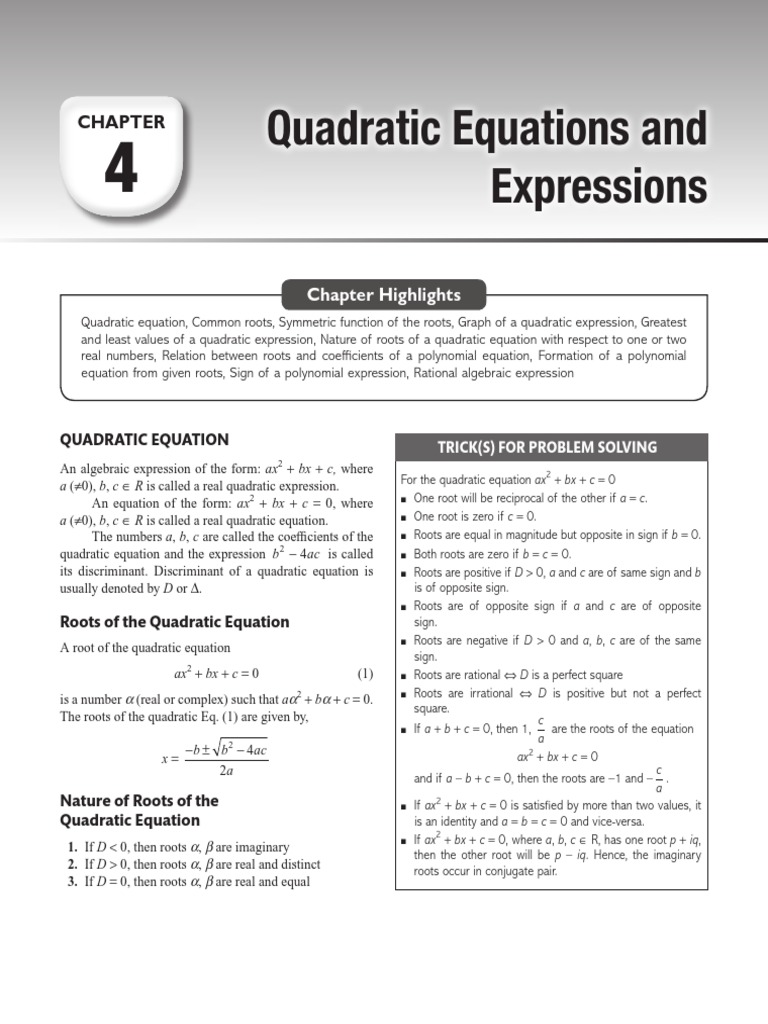 Quadratic Equations and Expressions: Chapter Highlights | PDF ...