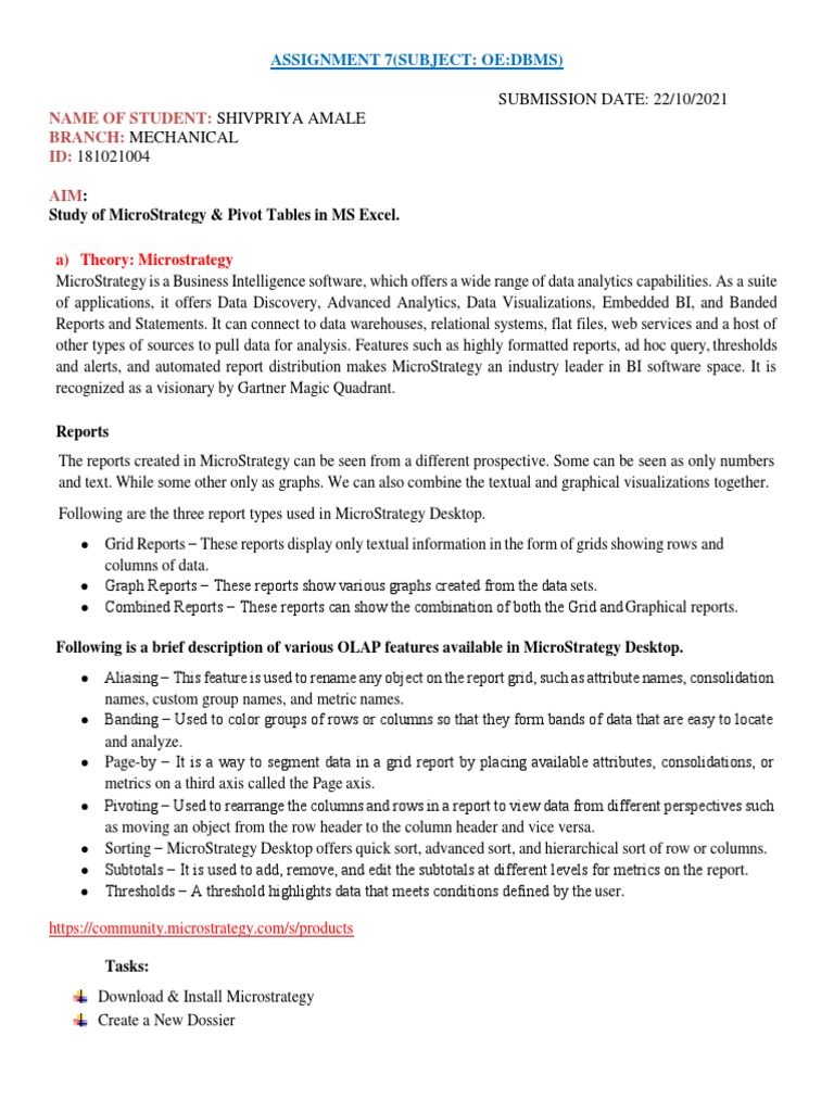 Assignment 7 MicroStrategy and OLAP in MsExcel - 181021004 | PDF ...