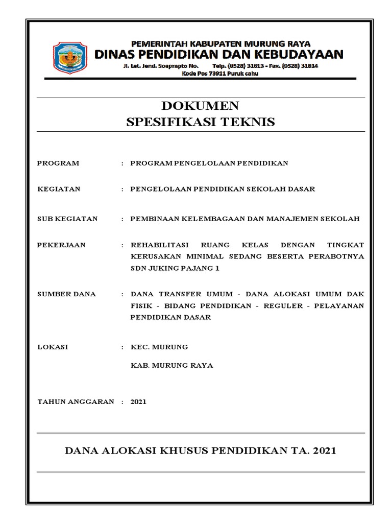 Spesifikasi Teknis Rehab. Ruang Kelas SDN 1 Juking Pajang | PDF ...